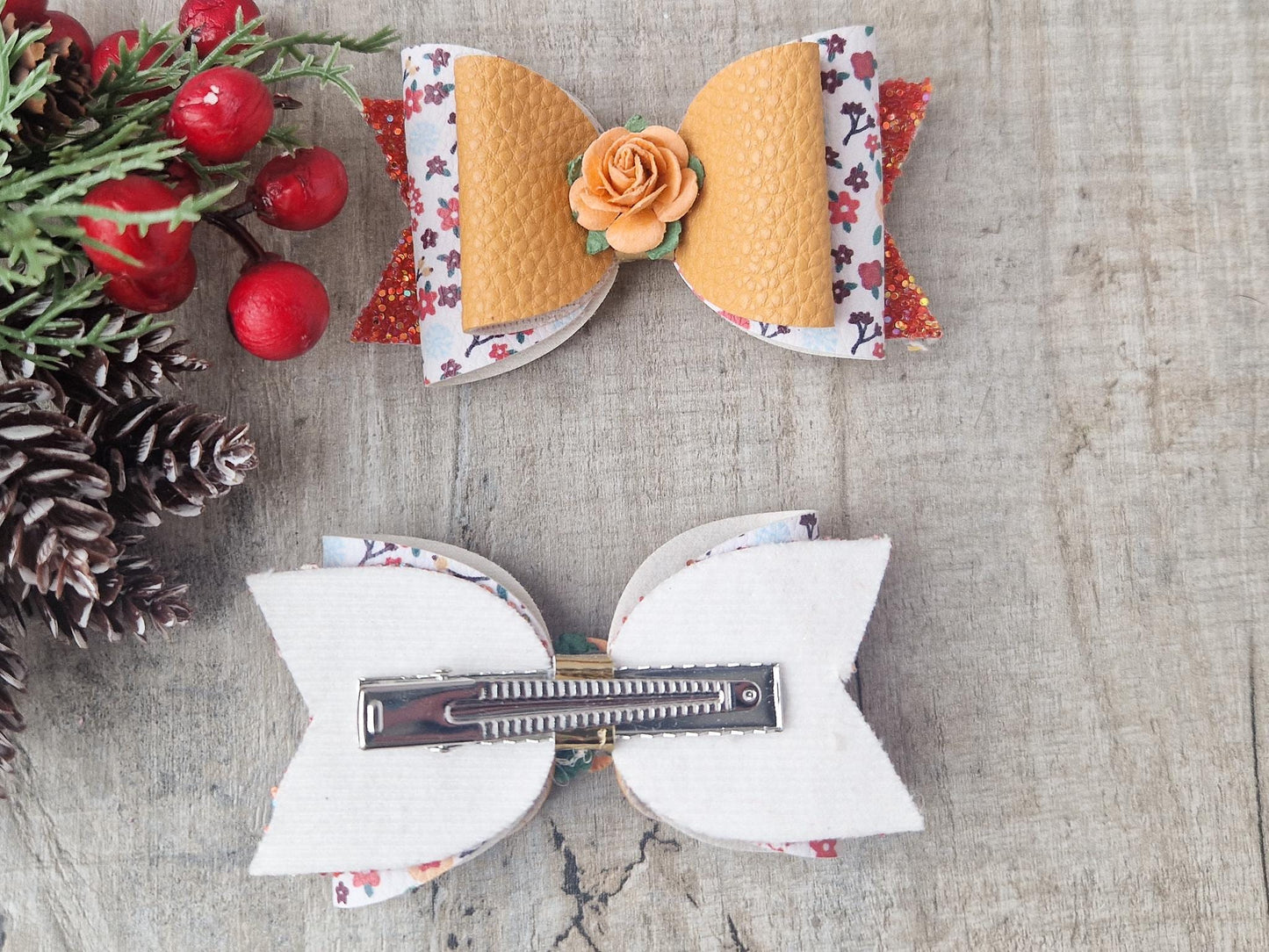 Large Hair bow in Autumn Colours & Orange flower.
