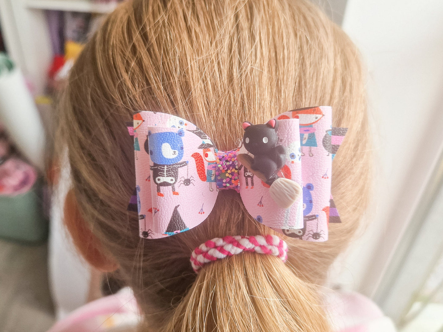 Halloween Pink Witches Hair bow, with a Cute Cat on Broom Embellishment.