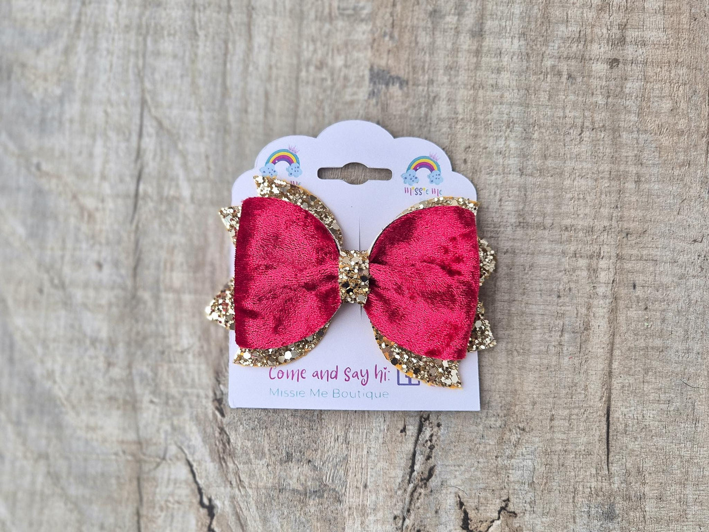Red Christmas Hair bow for Girls made with Red velvet and gold glitter, the perfect accessory for older girls upwards