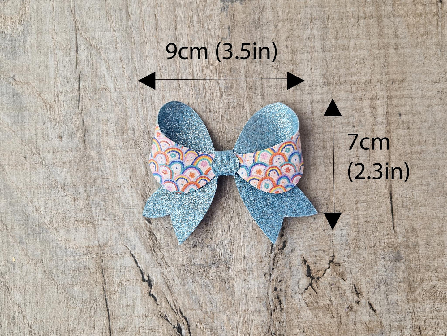 Retro Rainbow Hair Bow with green Glitter Hair clip. Hair Accessory for Older Girls and Ladies. Small Gift idea.