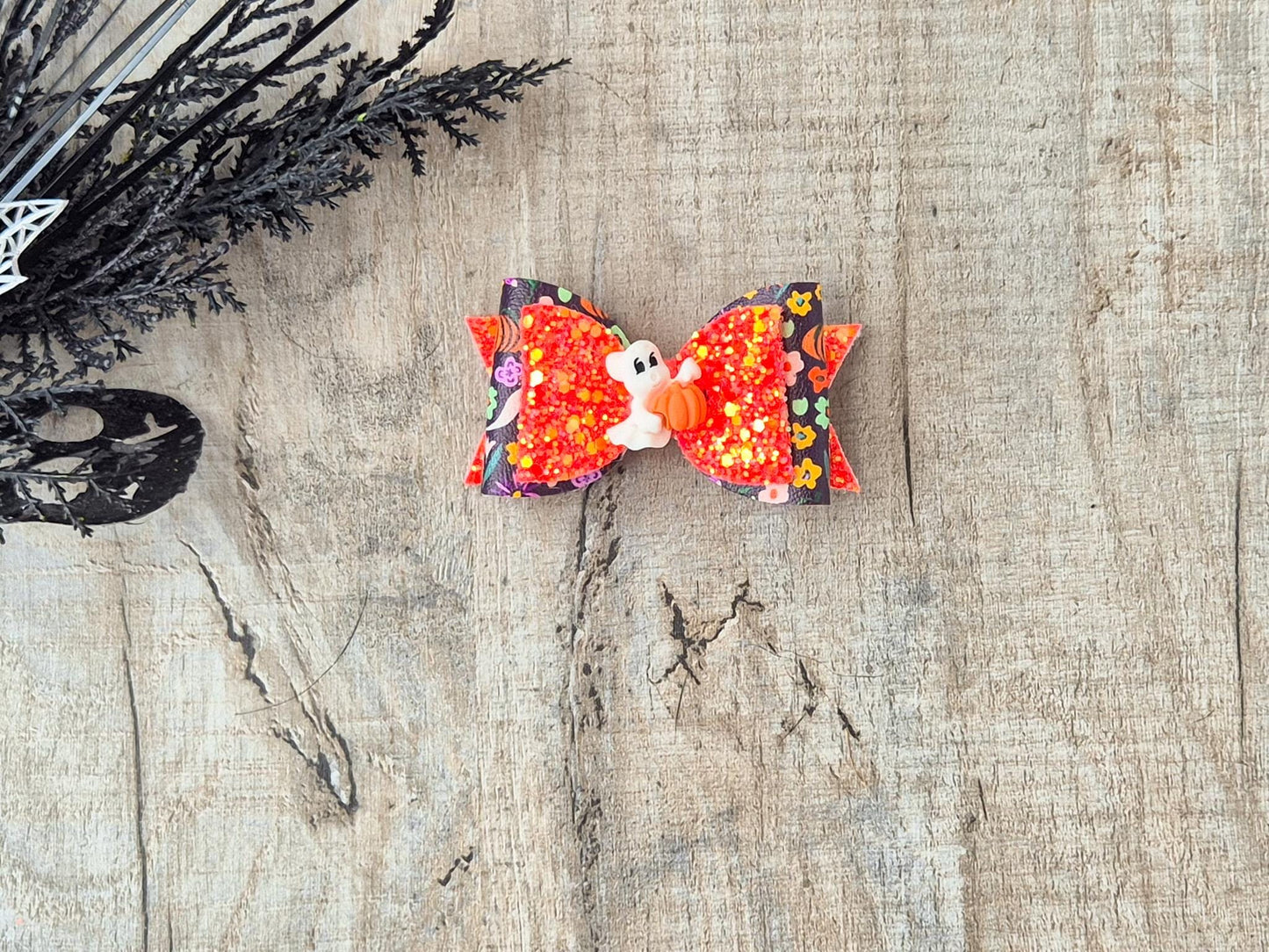 Orange Halloween Hair bow with a Cute Ghost and Glitter fabric .