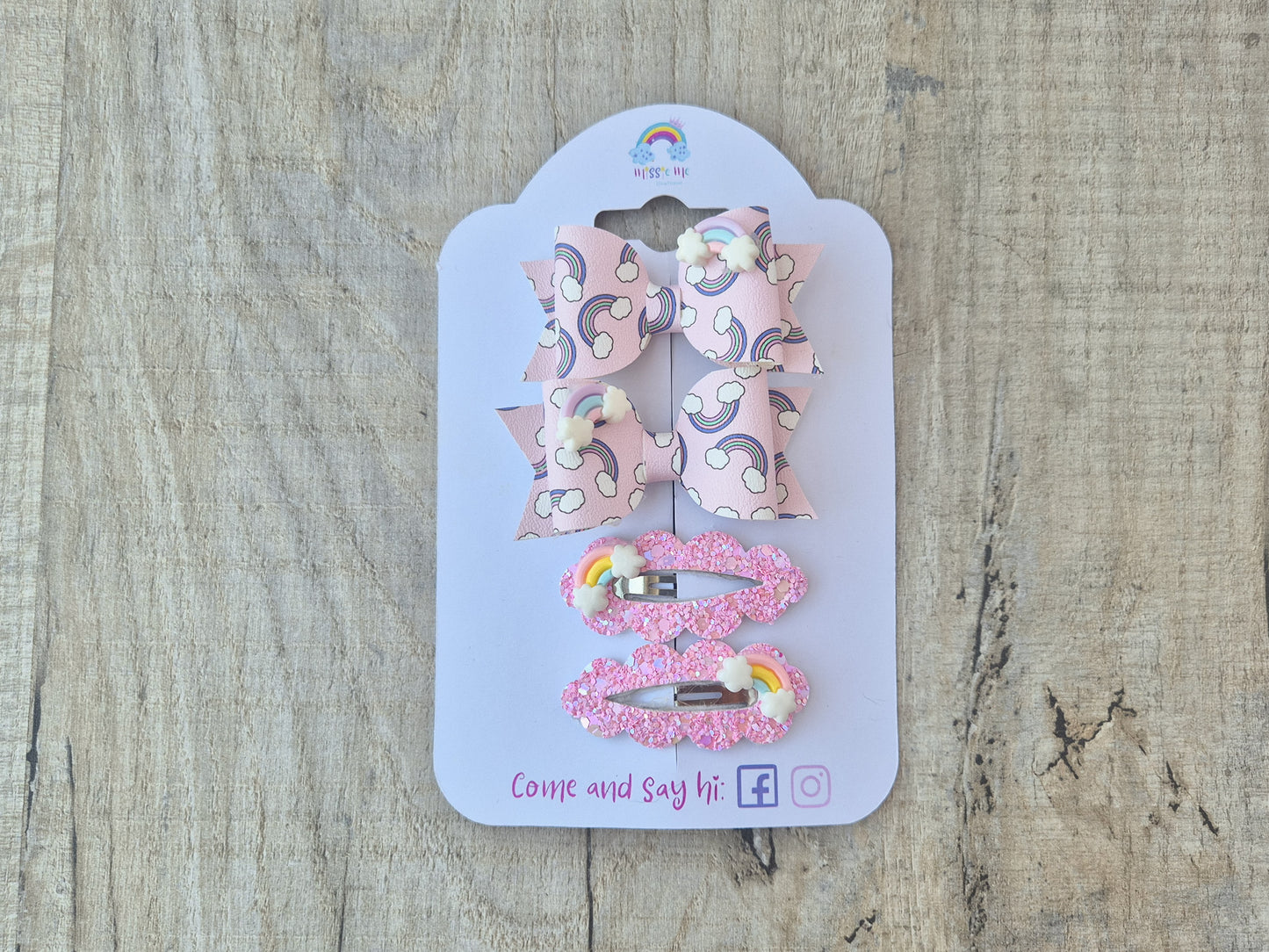 Pink Rainbow pigtail set, 2 x Hair bows & 2 x snap clip.