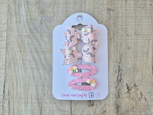 Pink Rainbow pigtail set, 2 x Hair bows & 2 x snap clip.