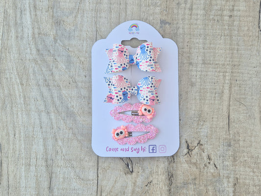Under the sea pigtail set, 2 hair bows and 2 x snap clips