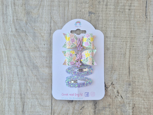 Purple Spring flower pigtail set, 2 x Hair bows & 2 x snap clip.
