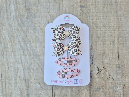 White & Pink Leopard pigtail set, 2 x Hair bows & 2 x snap clip.