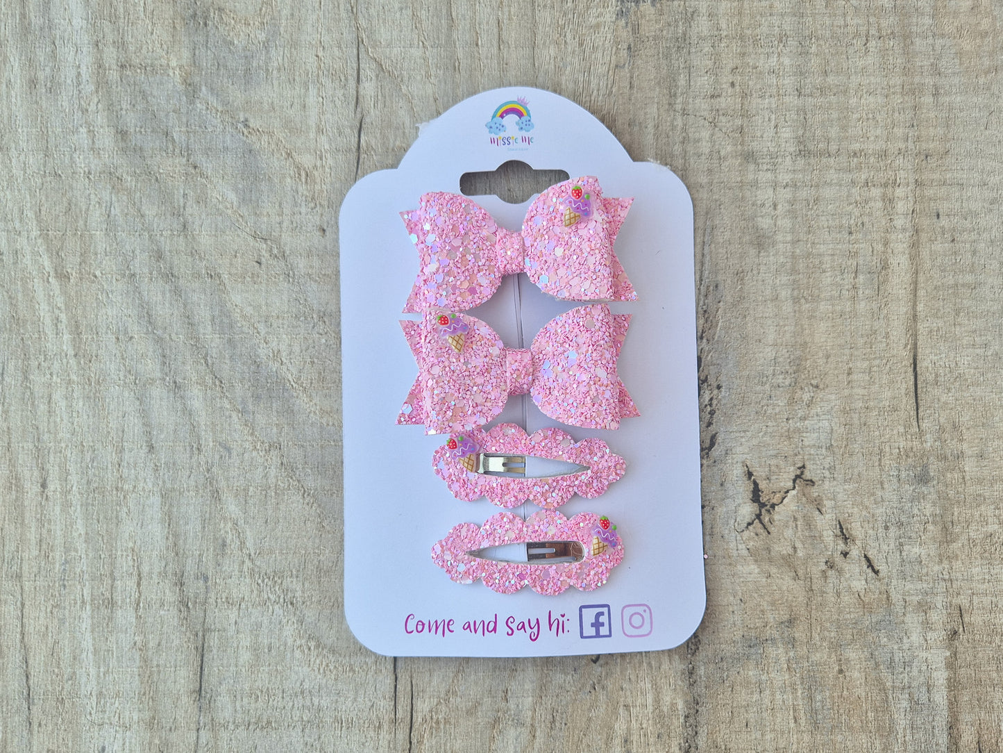 Bright Pink glitter icecream pigtail set, 2 x Hair bows & 2 x snap clip.