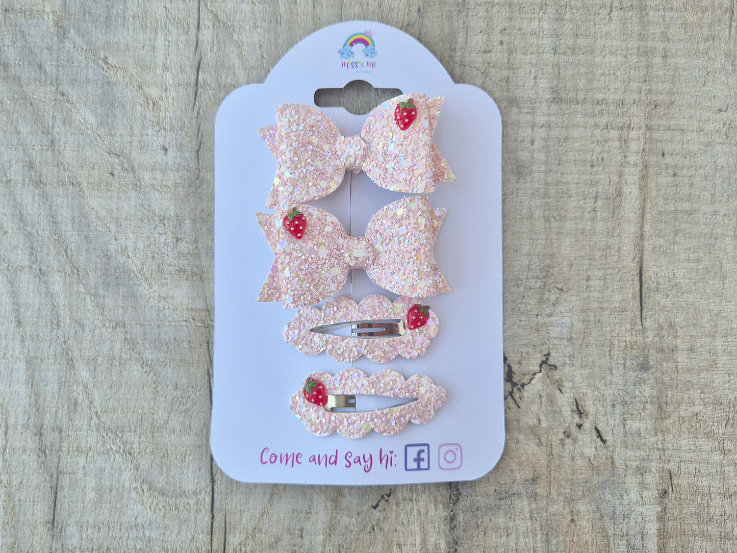 Light Pink glitter Strawberries pigtail set, 2 x Hair bows & 2 x snap clip.