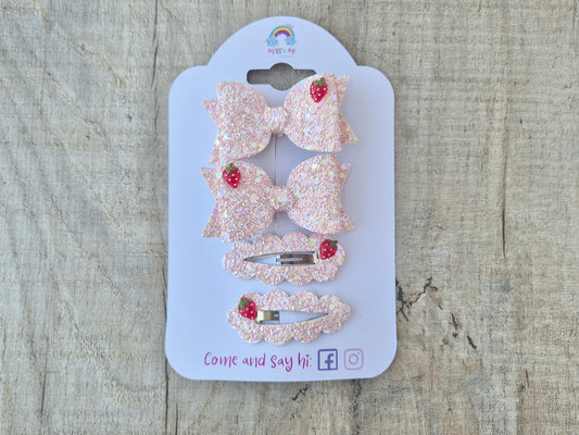 Light Pink glitter Strawberries pigtail set, 2 x Hair bows & 2 x snap clip.