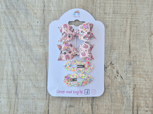 Cute ice cream pigtail set, 2 x Hair bows & 2 x snap clip.