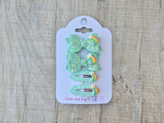 Green Shooting Star pigtail set, 2 x Hair bows & 2 x snap clip.