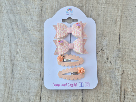 Peachy Pink ice cream pigtail set, 2 x Hair bows & 2 x snap clip. (Copy)