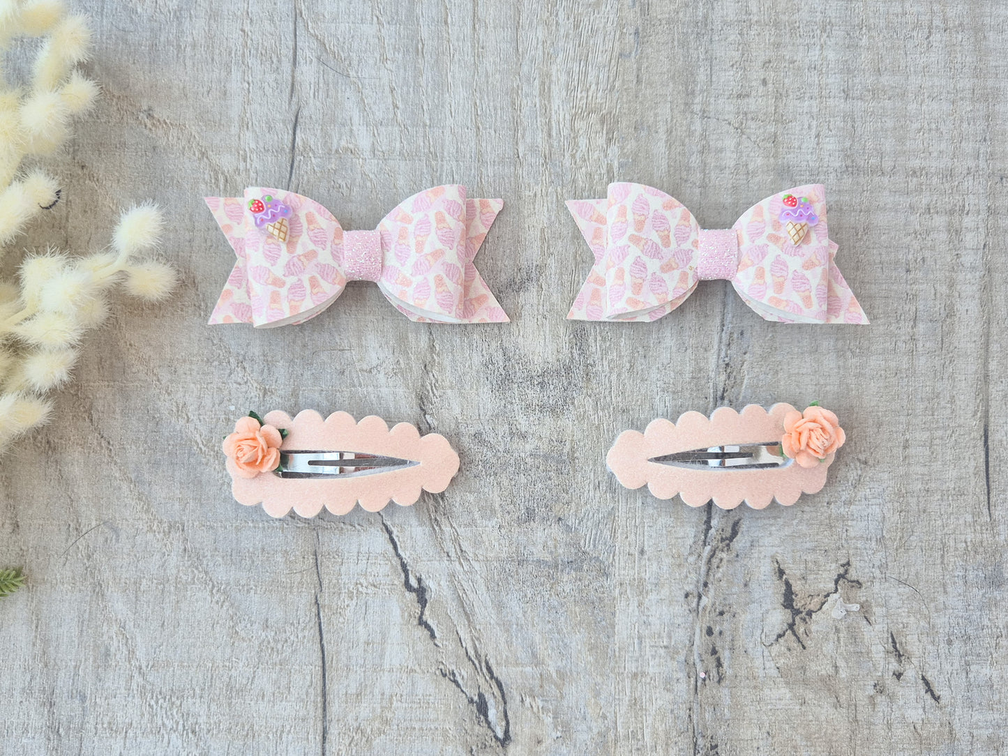 Peachy Pink ice cream pigtail set, 2 x Hair bows & 2 x snap clip. (Copy)