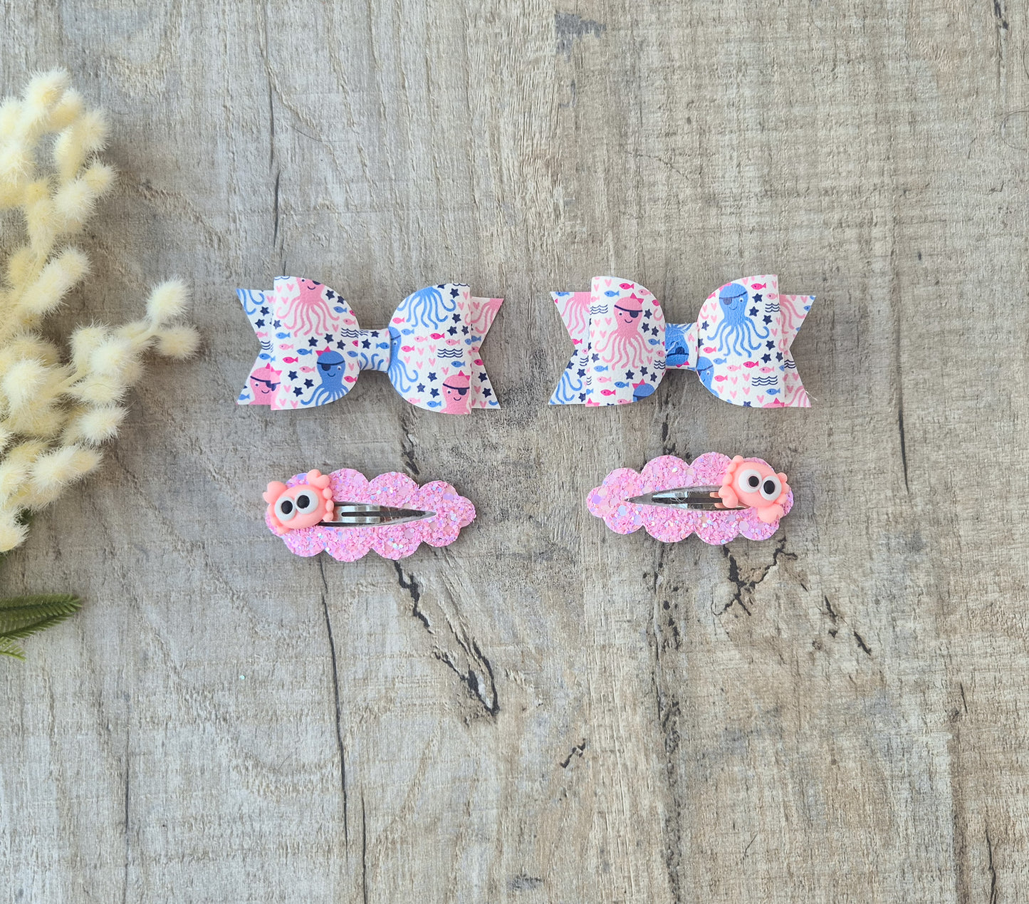 Under the sea pigtail set, 2 hair bows and 2 x snap clips