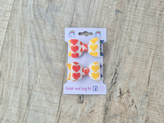 Rainbow Hearts Pigtail Hair Bows Set, 2x small hair bows