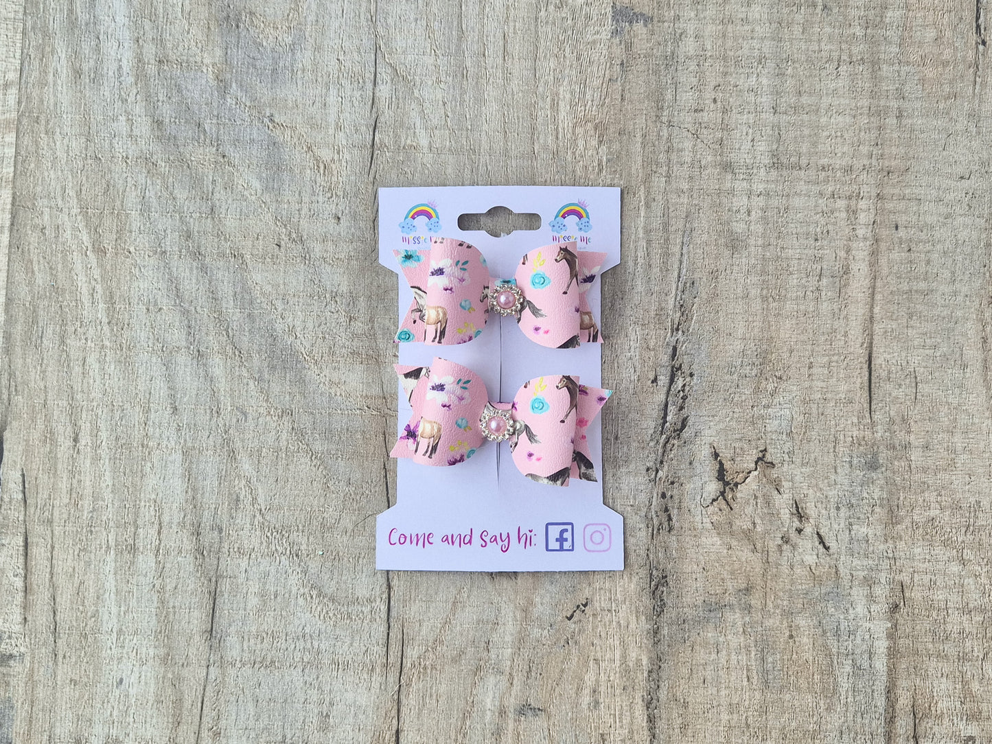 Pink Horse Pigtail Hair Bows Set, 2x small hair bows.