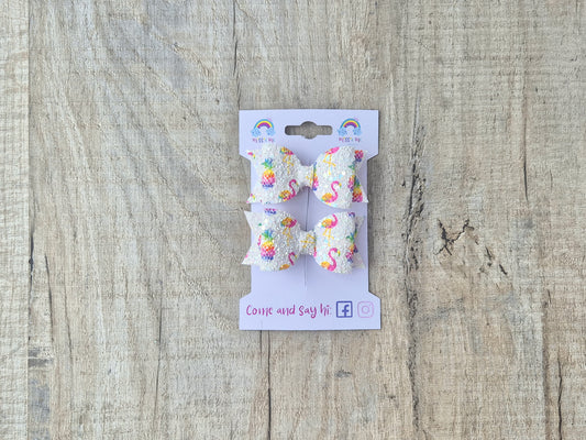 Flamingo Glitter Pigtail Hair Bows Set, 2x small hair bows