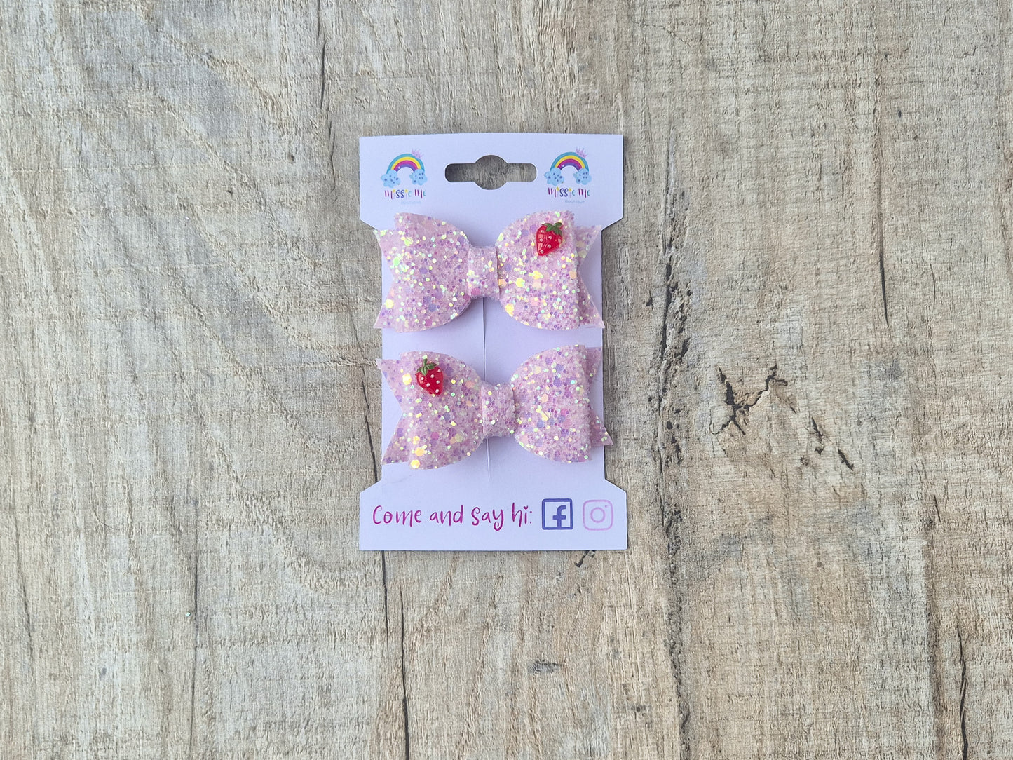Pink Strawberry Glitter Pigtail Hair Bows Set, 2x small hair bows