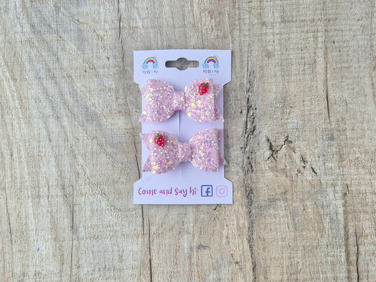 Pink Strawberry Glitter Pigtail Hair Bows Set, 2x small hair bows