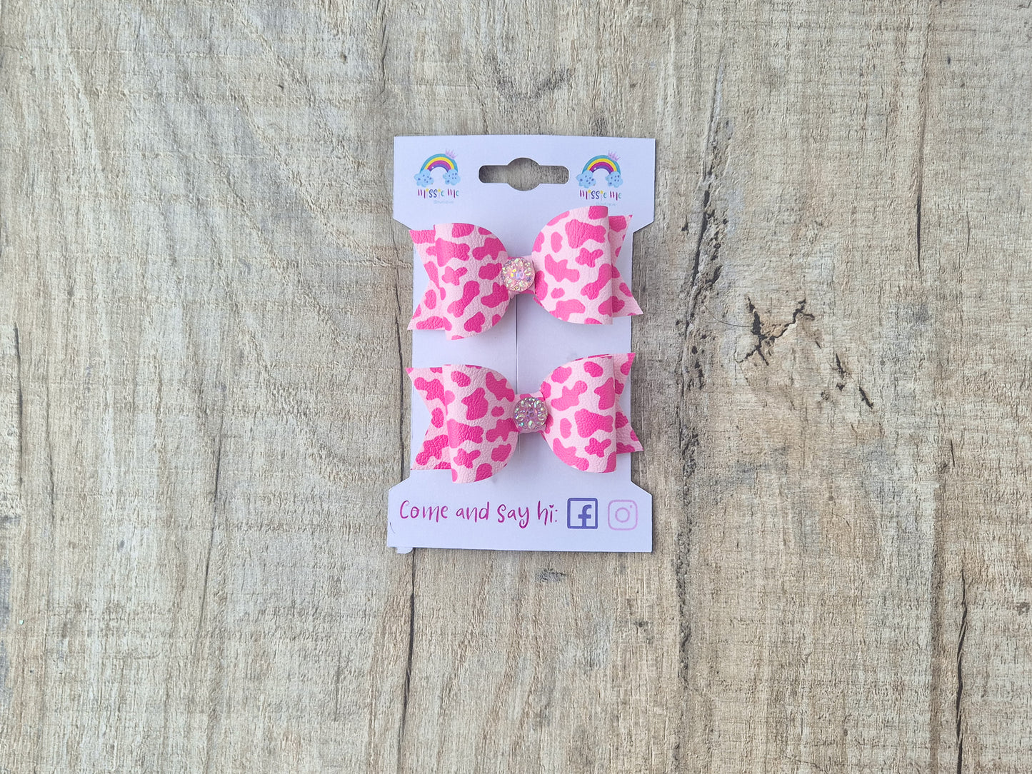 Bright Pink Leopard Pigtail Hair Bows Set, 2x small hair bows