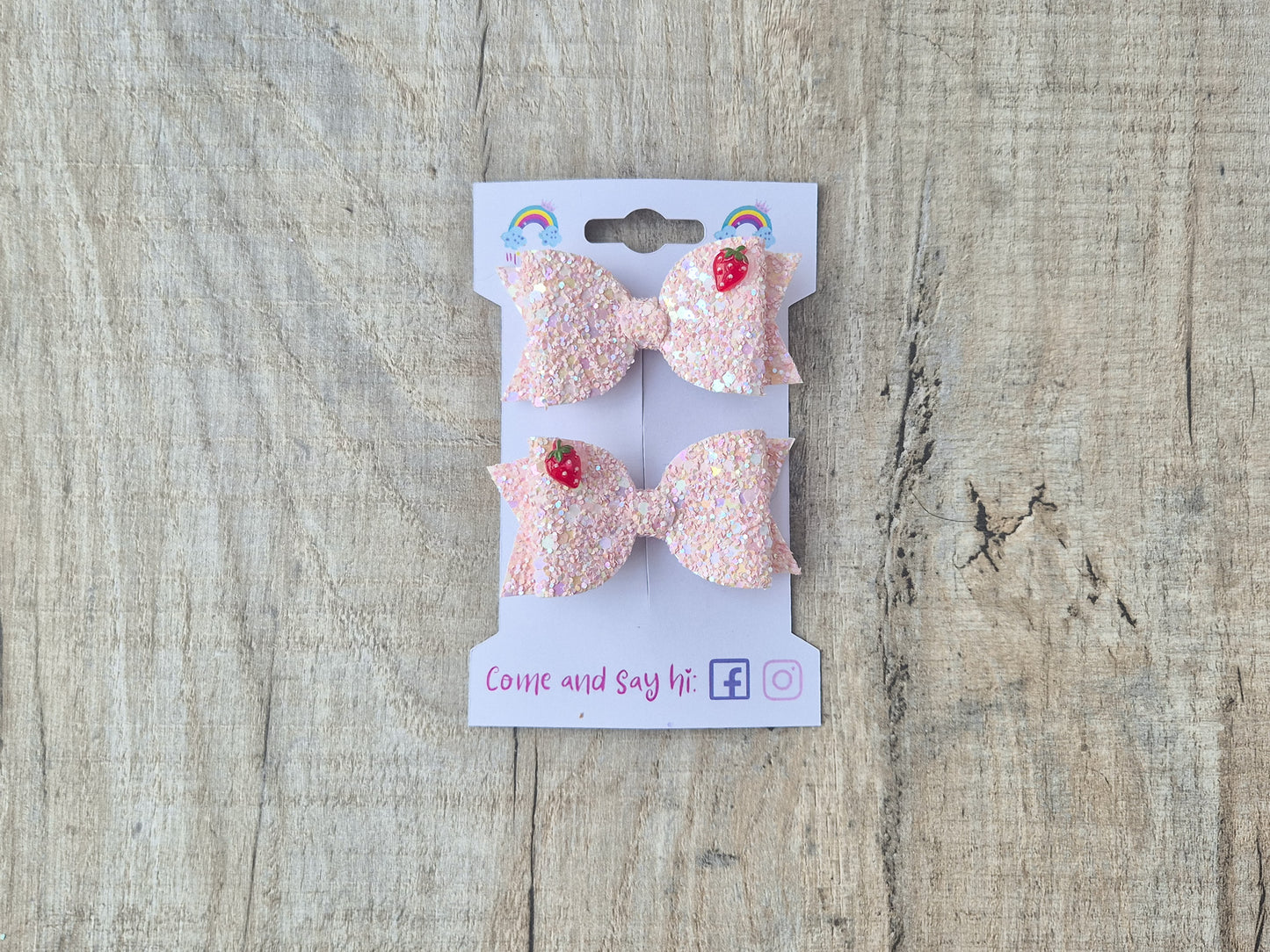 Peachy Pastel Strawberries Glitter Pigtail Hair Bows Set, 2x small hair bows