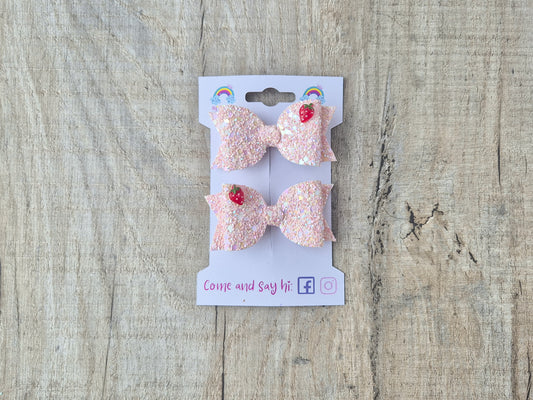 Peachy Pastel Strawberries Glitter Pigtail Hair Bows Set, 2x small hair bows