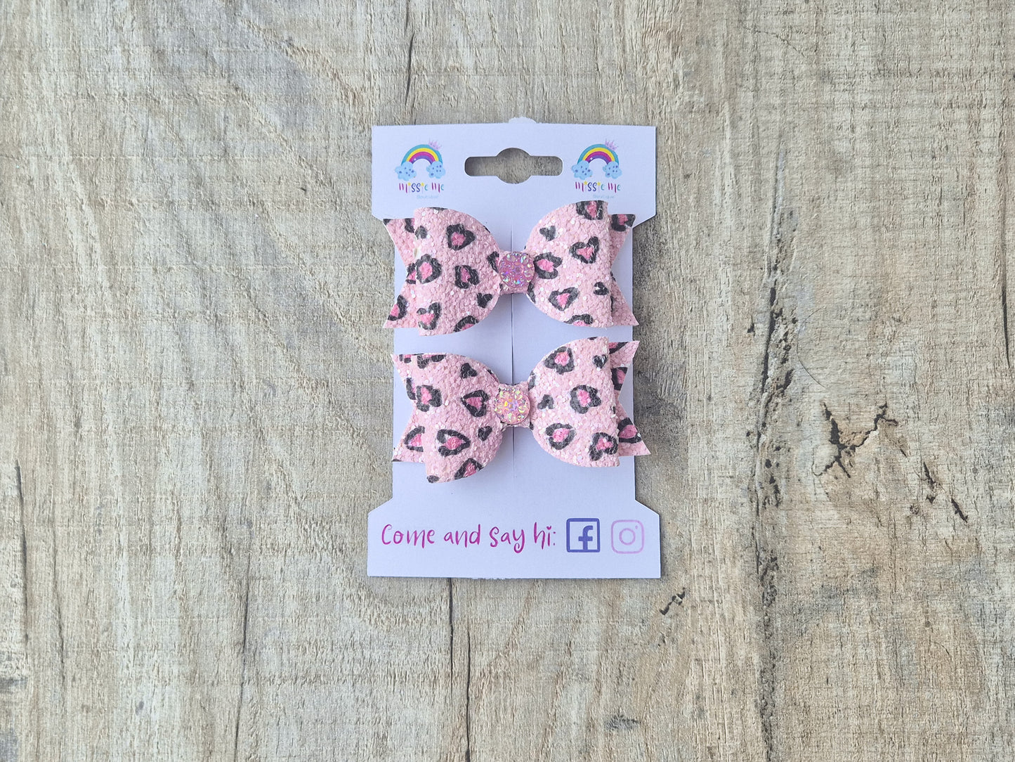 Pink Leopard Pigtail Hair Bows Set, 2x small hair bows