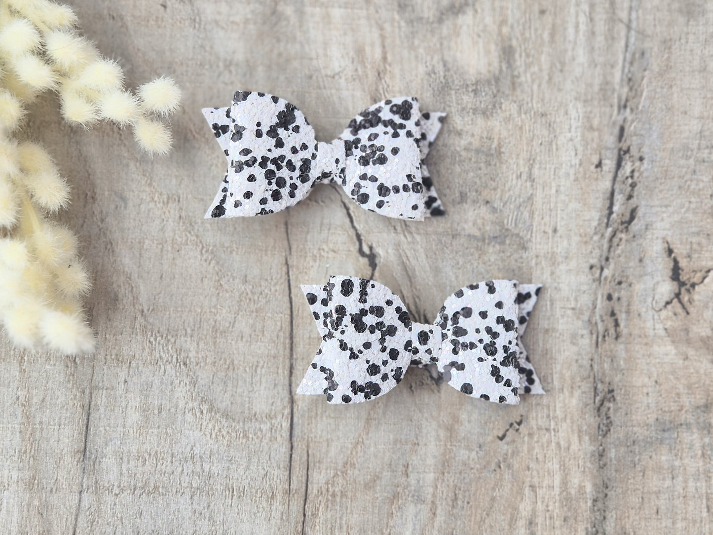 Dalmatian Glitter Pigtail Hair Bows Set, 2x small hair bows.