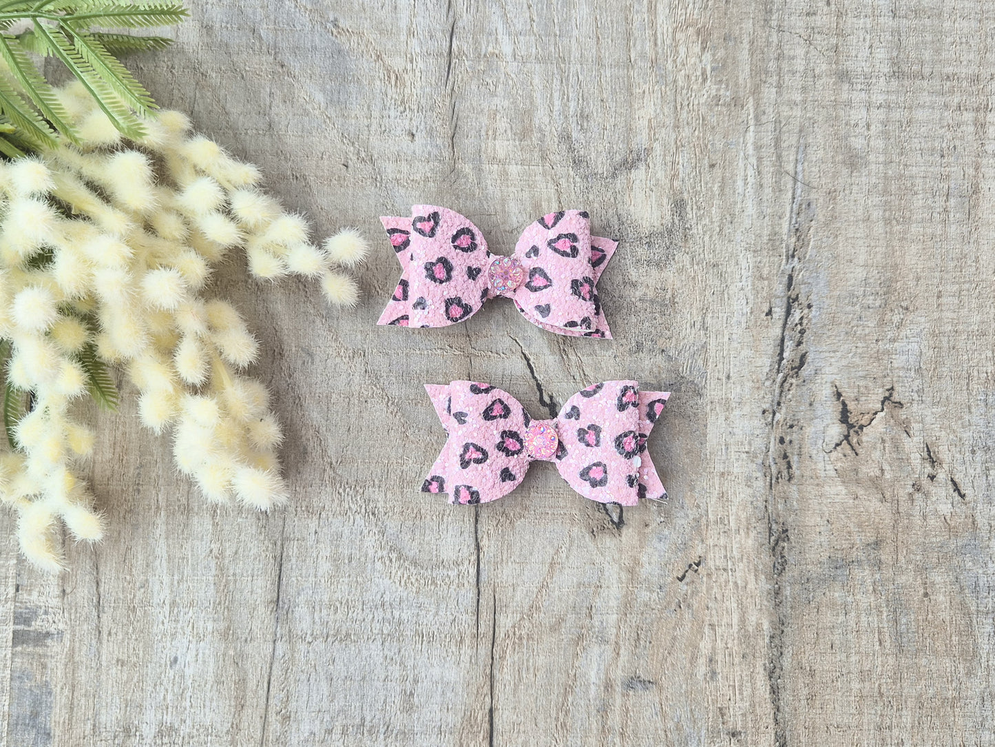 Pink Leopard Pigtail Hair Bows Set, 2x small hair bows
