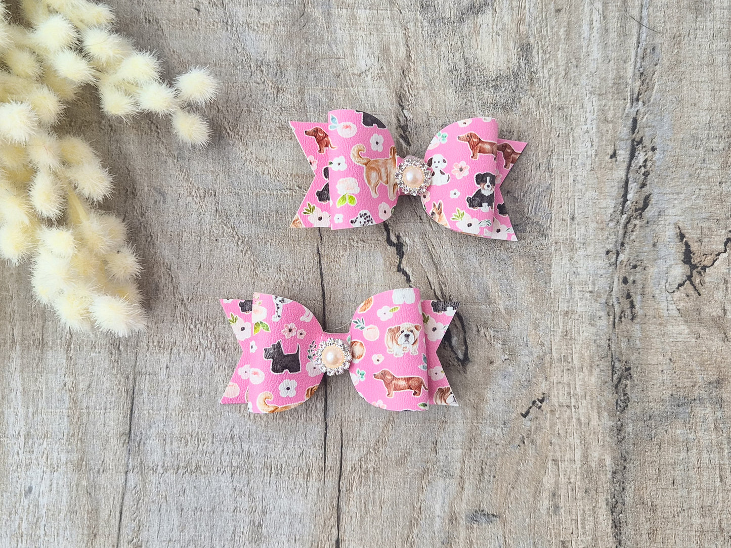 Pink Dogs Pigtail Hair Bows Set, 2x small hair bows.