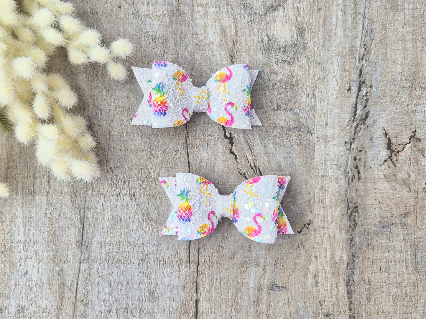 Flamingo Glitter Pigtail Hair Bows Set, 2x small hair bows