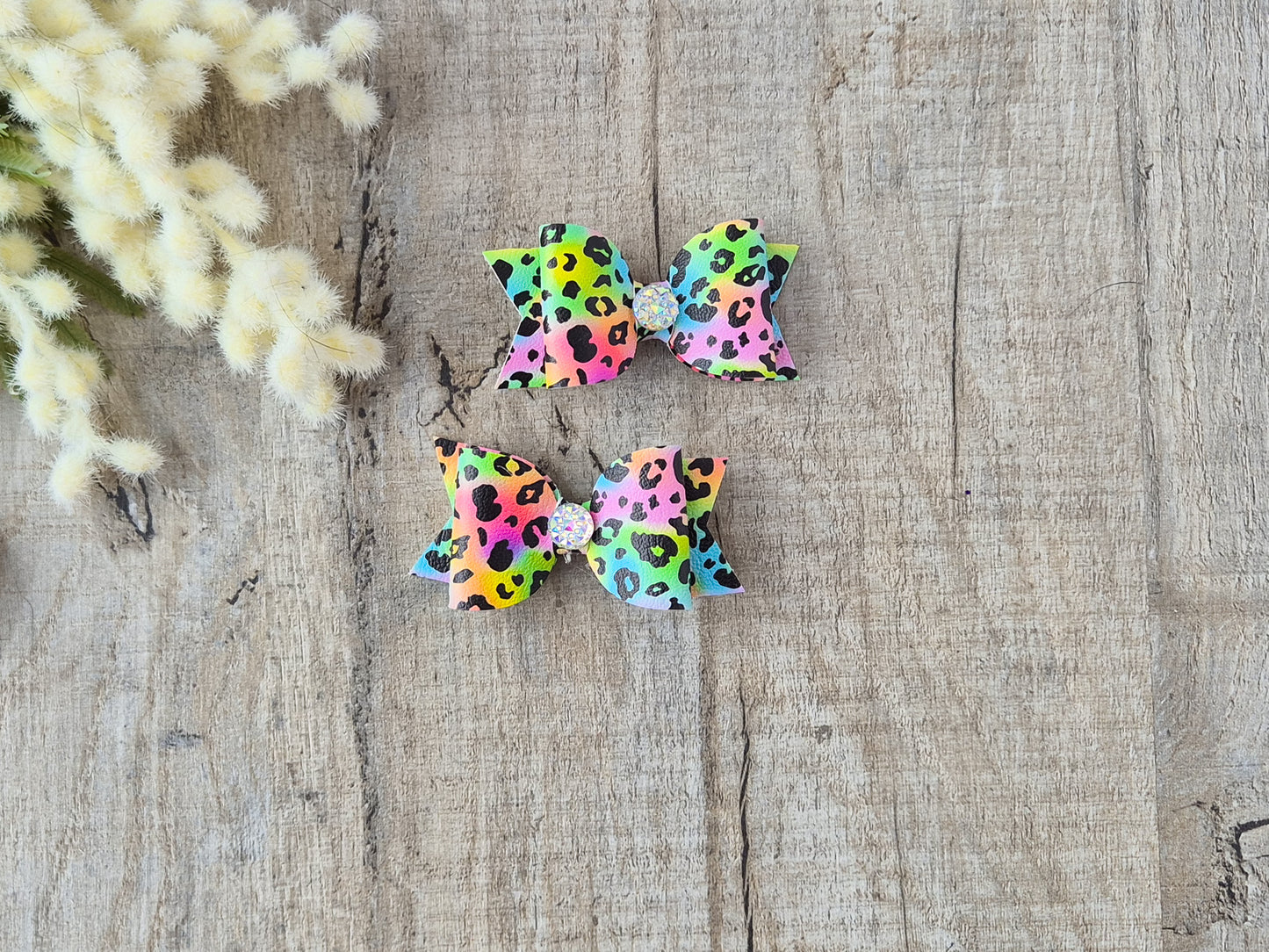 Rainbow Lepoard Print Pigtail Hair Bows Set, 2x small hair bows.