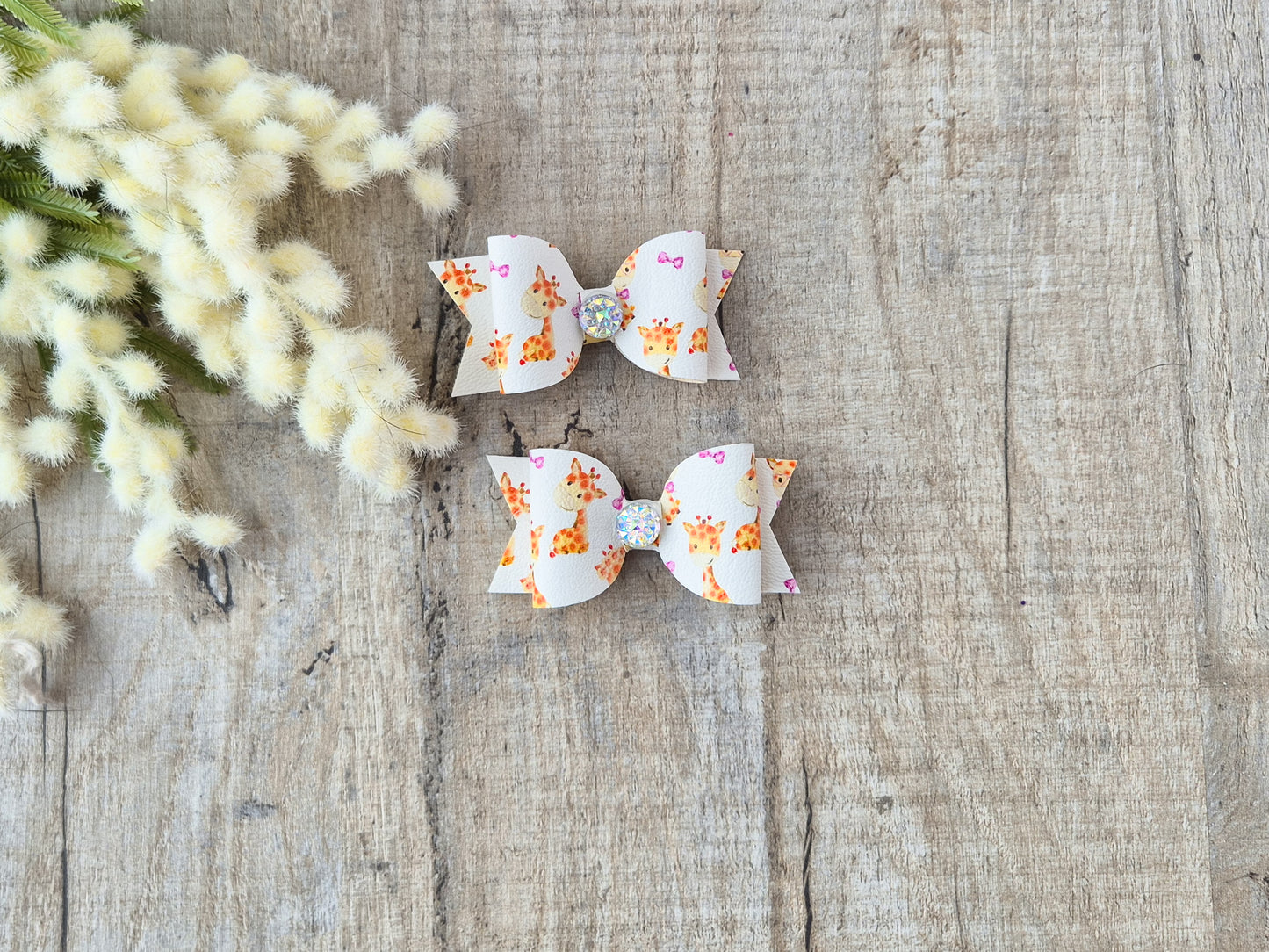 Sophia Giraffe Print Pigtail Hair Bows Set, 2x small hair bows.