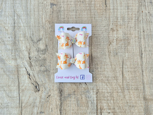 Sophia Giraffe Print Pigtail Hair Bows Set, 2x small hair bows.