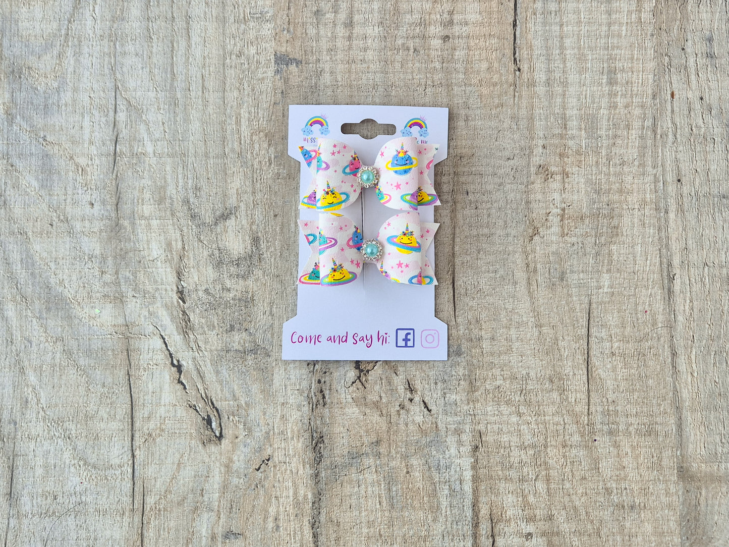 Unicorn Planets Pigtail Hair Bows Set, 2x small hair bows.