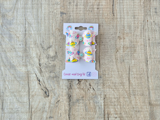 Unicorn Planets Pigtail Hair Bows Set, 2x small hair bows.