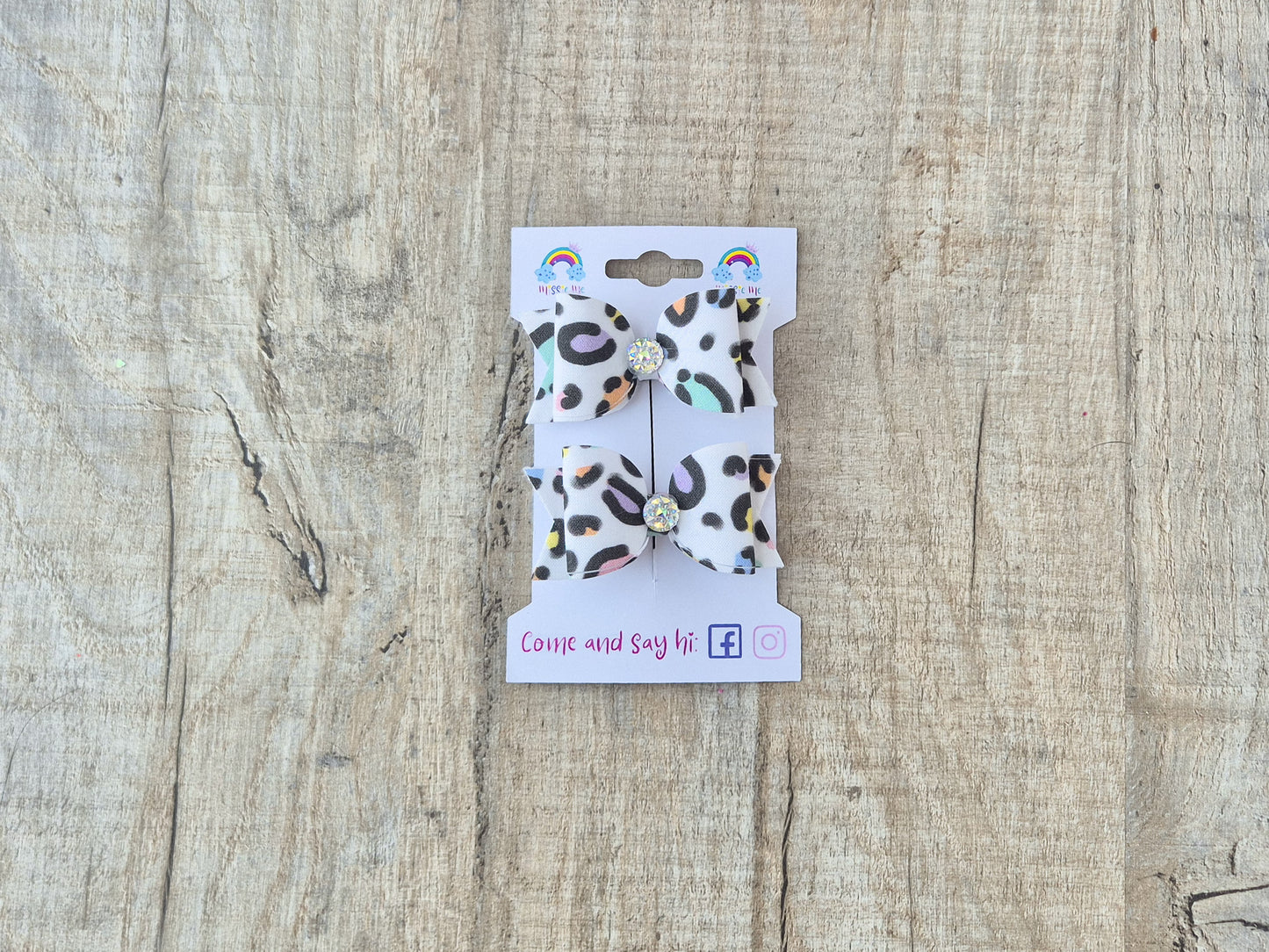 Colourful Leopard Print Pigtail Hair Bows Set, 2x small hair bows.