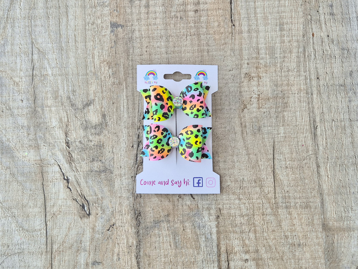 Rainbow Lepoard Print Pigtail Hair Bows Set, 2x small hair bows.
