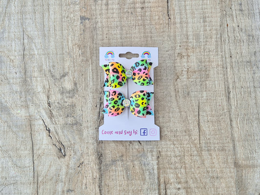 Rainbow Lepoard Print Pigtail Hair Bows Set, 2x small hair bows.