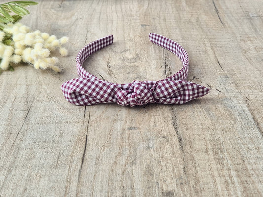 School Gingham Knot Headband – Maroon