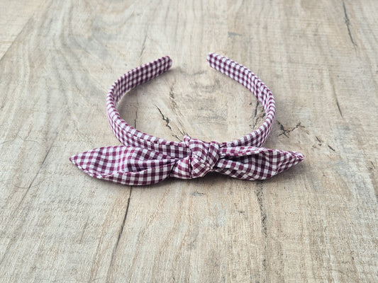School Gingham Knot Headband – Burgundy