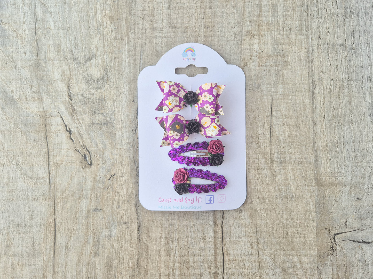 Purple Witch Pig tail set, 2 hair bows and 2 x snap clips