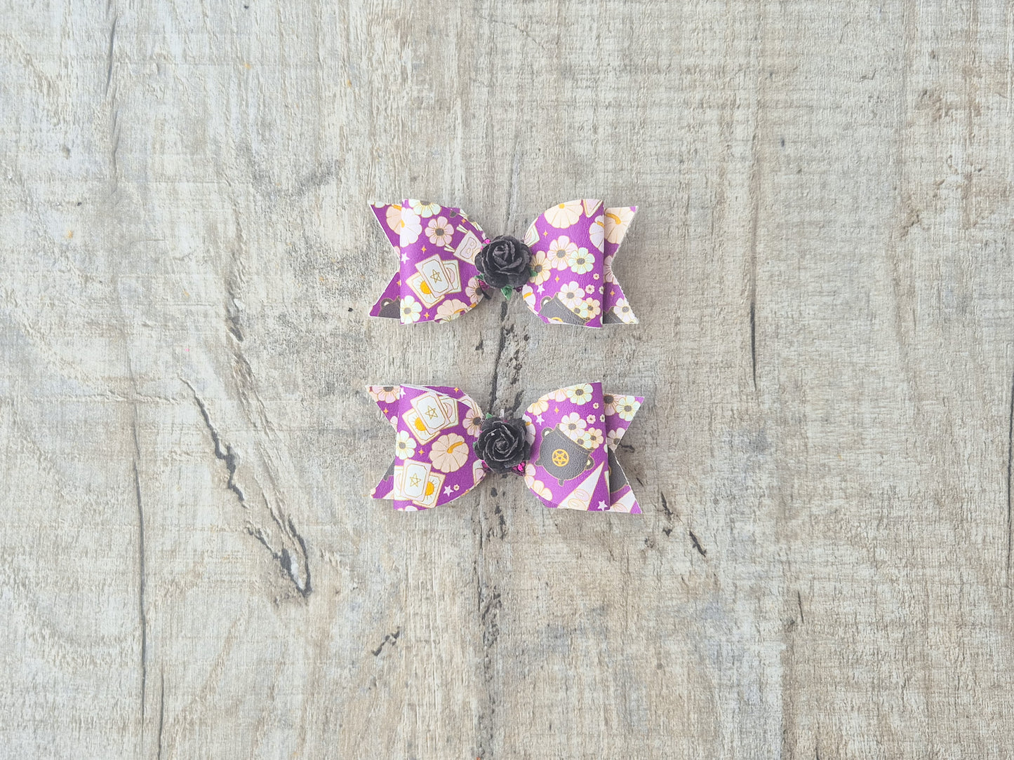 Purple Witch Pig tail set, 2 hair bows and 2 x snap clips