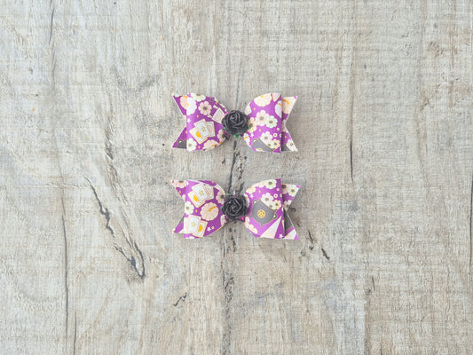 Purple Witch Pig tail set, 2 hair bows and 2 x snap clips