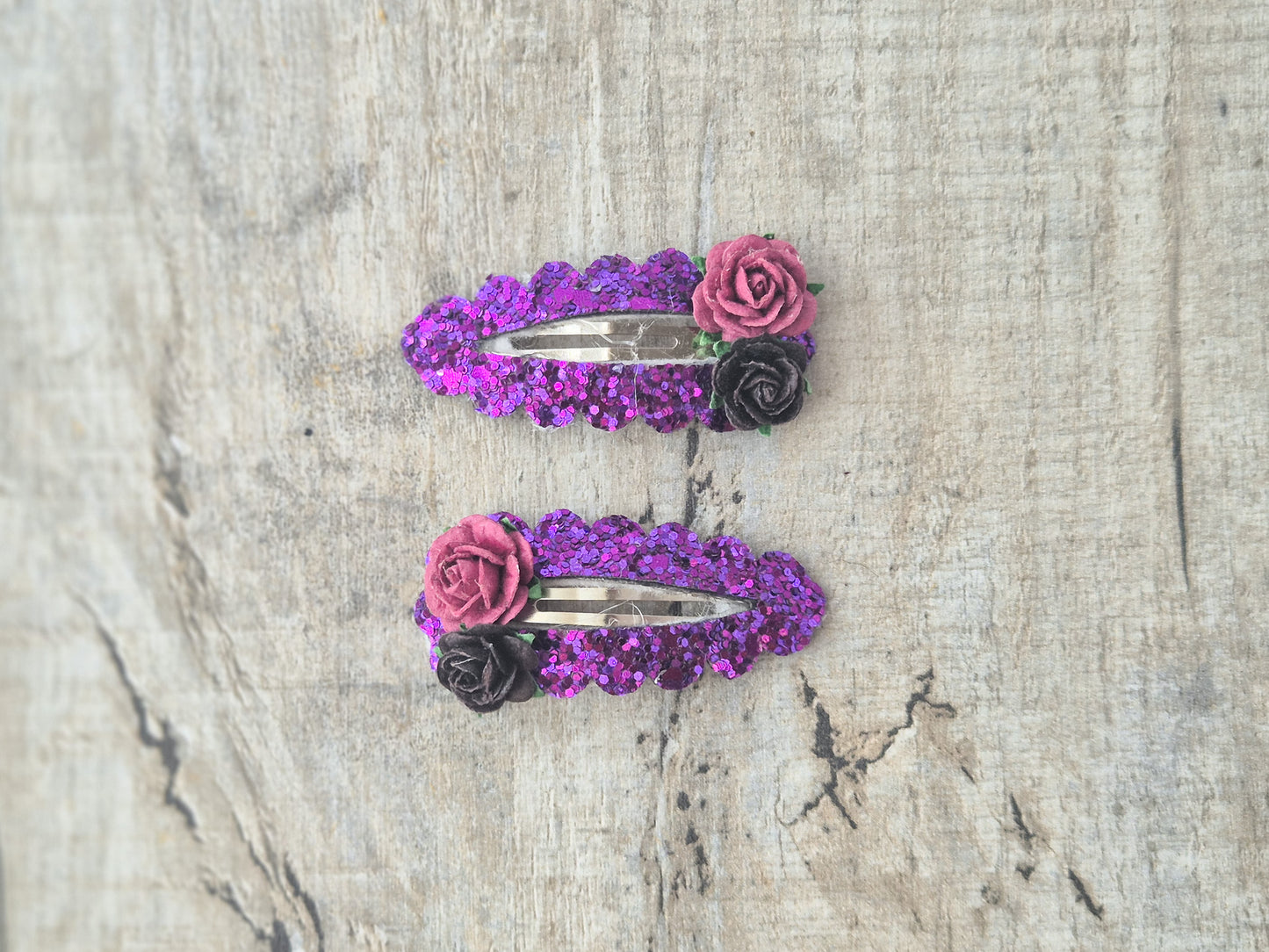 Purple Witch Pig tail set, 2 hair bows and 2 x snap clips