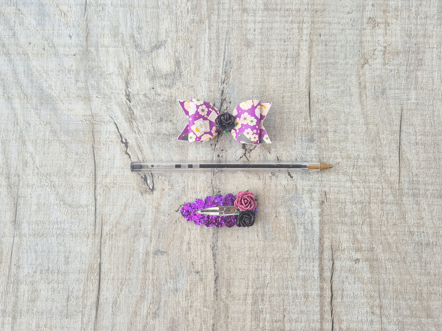 Purple Witch Pig tail set, 2 hair bows and 2 x snap clips