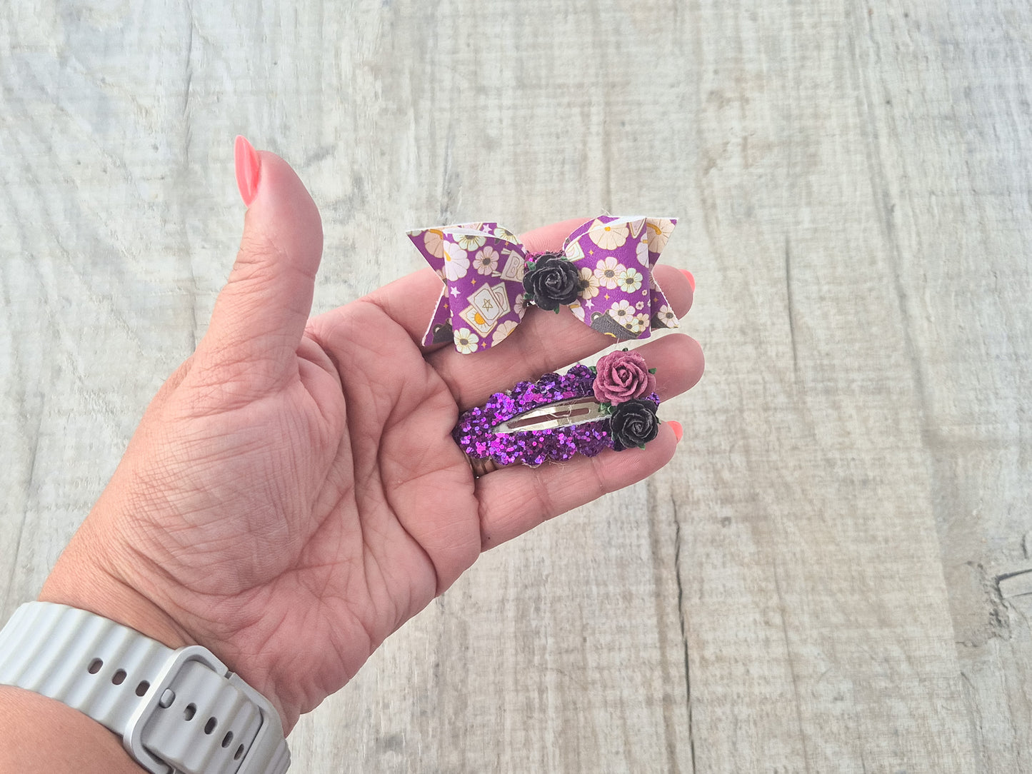 Purple Witch Pig tail set, 2 hair bows and 2 x snap clips