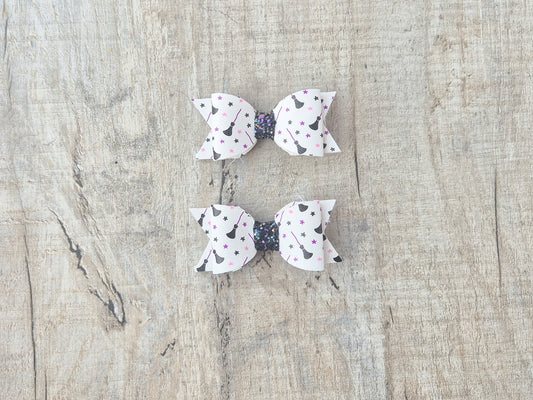 Witches Broom Pigtail set, 2 hair bows and 2 x snap clips