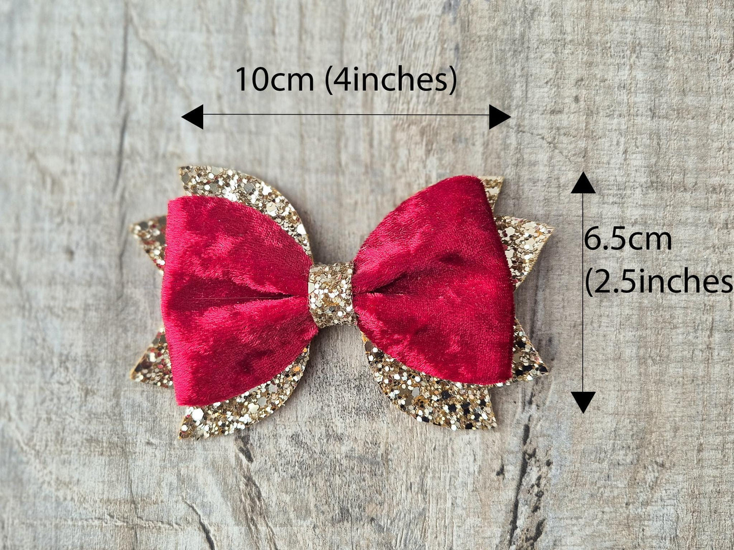 Red Christmas Hair bow for Girls made with Red velvet and gold glitter, the perfect accessory for older girls upwards