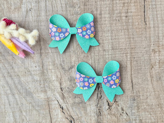 Retro Flower Hair Bow with a teal Glitter finished with Hair clip. Hair Accessory for Older Girls and ladies. A perfect small gift